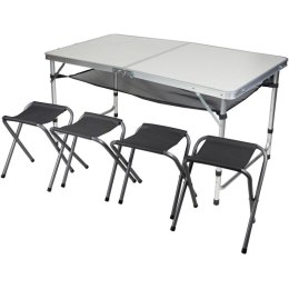 STOLIK TURYSTYCZNY SKŁADANY KEMPINGOWY 120x60x70/62/55CM 4 KRZESŁA I PÓŁKA Enero Camp