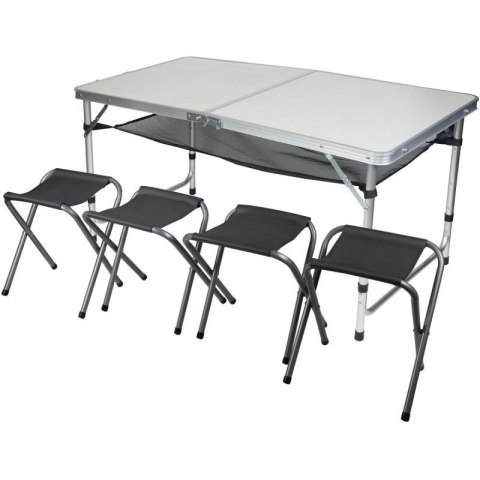 STOLIK TURYSTYCZNY SKŁADANY KEMPINGOWY 120x60x70/62/55CM 4 KRZESŁA I PÓŁKA Enero Camp