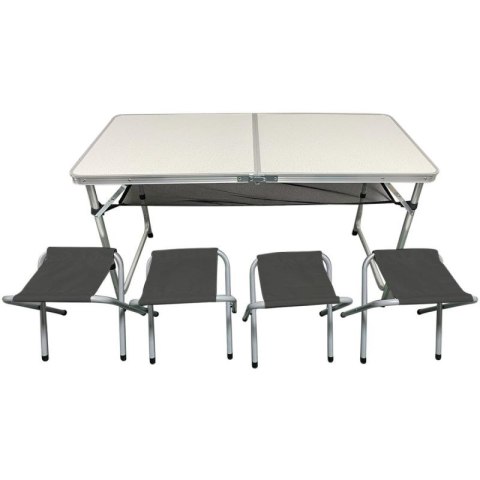 STOLIK TURYSTYCZNY SKŁADANY KEMPINGOWY 120x60x70/62/55CM 4 KRZESŁA I PÓŁKA Enero Camp