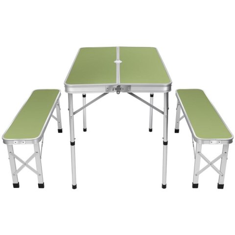STOLIK TURYSTYCZNY SKŁADANY KEMPINGOWY 90x60x70CM I 2 ŁAWKI 87x23x39CM ZIELONY Enero Camp