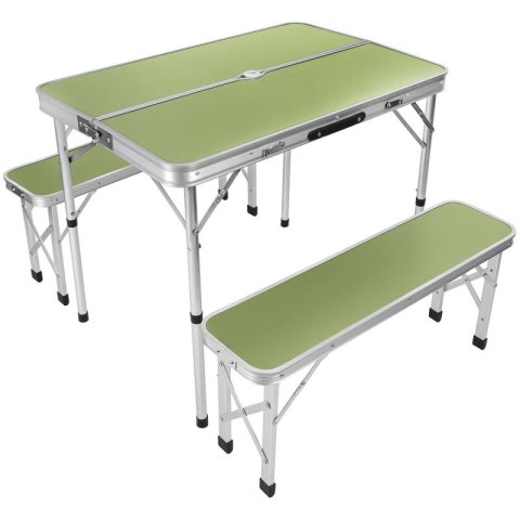 STOLIK TURYSTYCZNY SKŁADANY KEMPINGOWY 90x60x70CM I 2 ŁAWKI 87x23x39CM ZIELONY Enero Camp
