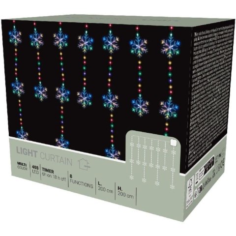 LAMPKI CHOINKOWE KURTYNA ŚWIETLNA 200x200 CM 408LED PŁATKI ŚNIEGU MULTIKOLOR Koopman
