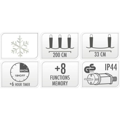 LAMPKI CHOINKOWE KURTYNA ŚWIETLNA 200x200 CM 408LED PŁATKI ŚNIEGU MULTIKOLOR Koopman