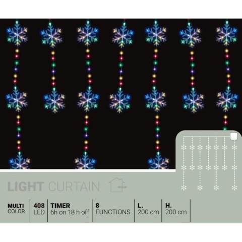 LAMPKI CHOINKOWE KURTYNA ŚWIETLNA 200x200 CM 408LED PŁATKI ŚNIEGU MULTIKOLOR Koopman