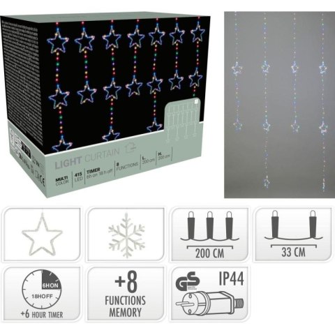 LAMPKI CHOINKOWE KURTYNA ŚWIETLNA 200x200 CM 415LED GWIAZDKI MULTIKOLOR Koopman