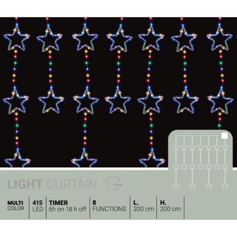 LAMPKI CHOINKOWE KURTYNA ŚWIETLNA 200x200 CM 415LED GWIAZDKI MULTIKOLOR Koopman
