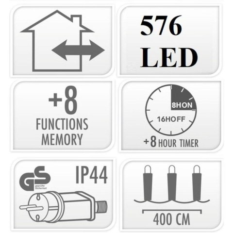 LAMPKI CHOINKOWE ŁAŃCUCH ŚWIETLNY 576 LED TIMER CIEPŁY BIAŁY Koopman