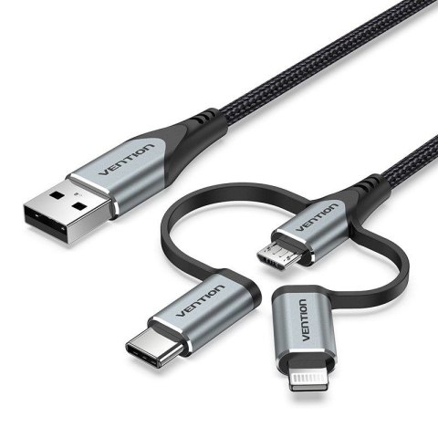 Kabel Vention USB-A 3w1 Micro-B USB-C Lightning 1m szary Vention