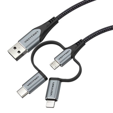 Kabel Vention USB-A 3w1 Micro-B USB-C Lightning 1m szary Vention