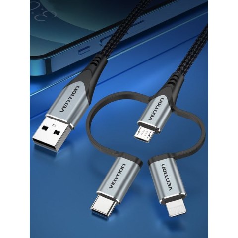 Kabel Vention USB-A 3w1 Micro-B USB-C Lightning 1m szary Vention