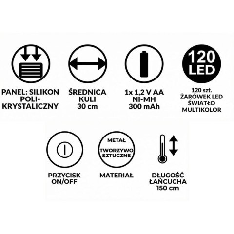 LAMPA SOLARNA WISZĄCA KULA 30CM 120 LED MULTIKOLOR SASKA GARDEN