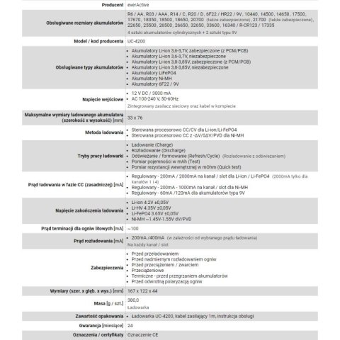EVERACTIVE ŁADOWARKA DO AKUMULATORÓW CYLINDRYCZNYCH LI-ION ORAZ NI-MH UC4200 EverActive