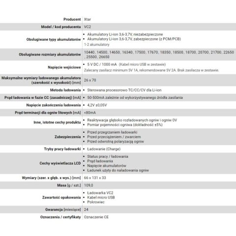 XTAR ŁADOWARKA DO AKUMULATORÓW CYLINDRYCZNYCH LI-ION VC2 XTAR