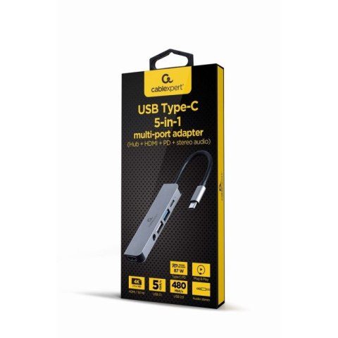 GEMBIRD MULTI ADAPTER USB TYP-C 5W1 (HUB + HDMI + PD + DŹWIĘK STEREO) SREBRNY Gembird
