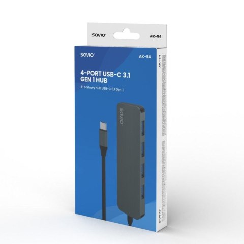SAVIO AK-54 HUB USB-C - 4 X USB-A, SZARY Savio