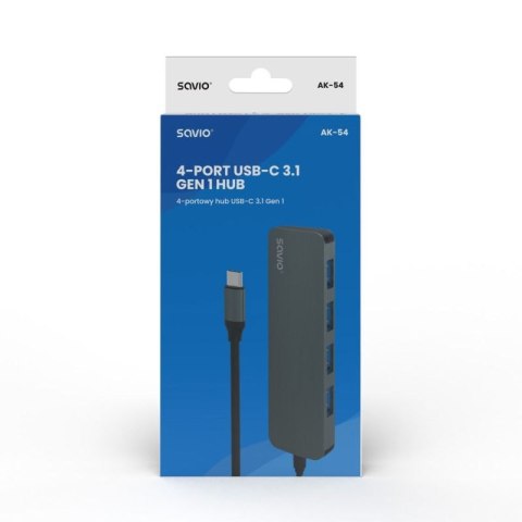 SAVIO AK-54 HUB USB-C - 4 X USB-A, SZARY Savio