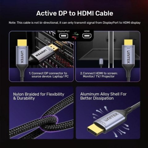 UNITEK KABEL DISPLAYPORT 1.4 DO HDMI 2.1, 8K, 1,8M Unitek
