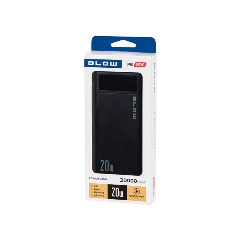 BLOW POWER BANK 20000MAH QC+PD 20W + LIGHTNING CZARNY PB20E BLOW