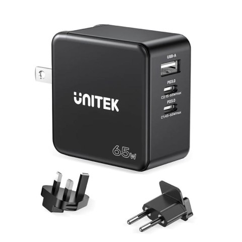 UNITEK ŁADOWARKA GAN, PD 65W 2X USB-C, USB-A Unitek