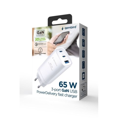 GEMBIRD SZYBKA ŁADOWARKA USB POWER DELIVERY USB TYPU C, 3X USB, 65 W, GAN BIAŁA Gembird