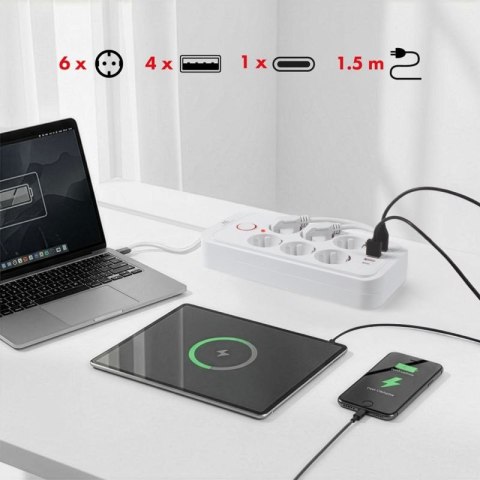 MACLEAN LISTWA ZASILAJĄCA, PRZEDŁUŻACZ 6 GNIAZD + 4XUSB, 110-240V AC 50/60HZ, 2.1A MAX 2500W, 1,5 M, BIAŁA MCE389 W Maclean