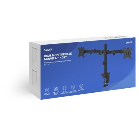 SAVIO PODWÓJNY UCHWYT BIURKOWY NA MONITORY 17" - 32" 2X 2 - 9 KG UM-03 Savio