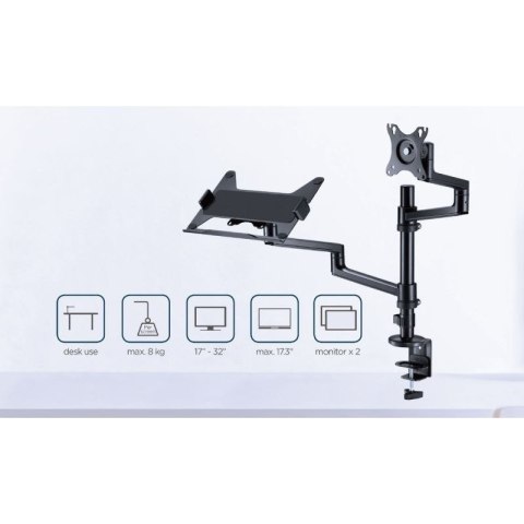 GEMBIRD BIURKOWE REGULOWANE RAMIĘ/UCHWYT NA MONITOR + PODSTAWKA NA NOTEBOOKA 17-32, VESA 100X100MM, DO 8 KG Gembird
