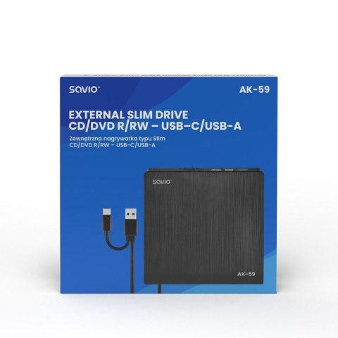 SAVIO NAGRYWARKA ZEWNĘTRZNA TYPU SLIM CD/DVD R/RW - USB C/USB-A, AK-59 Savio