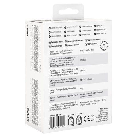 SAVIO MYSZ BEZPRZEWODOWA BT 2.4 GHZ ERGONOMICZNA MB-06 Savio