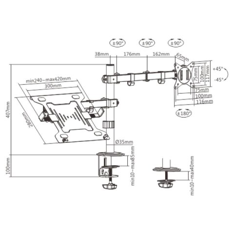 GEMBIRD BIURKOWE REGULOWANE RAMIĘ/UCHWYT Z RAMIENIEM NA MONITOR I PODSTAWKĄ NA NOTEBOOKA 17-32, 100X100MM, DO 9KG Gembird