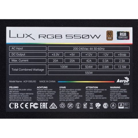 Zasilacz Aerocool LUX AEROPGSLUXRGB-550 (550 W; 120 mm) Aerocool