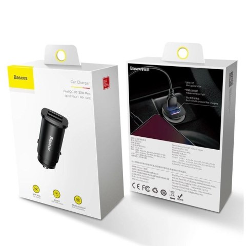 Baseus Square inteligentna ładowarka samochodowa 2x USB QC3.0 Quick Charge 3.0 SCP AFC 30W czarny (CCALL-DS01) Baseus