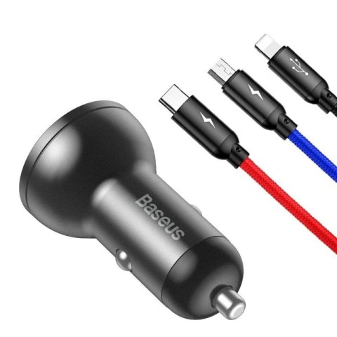 Baseus ładowarka samochodowa 2x USB 4,8A 24W z LCD + kabel 3w1 USB - USB Typ C / micro USB / Lightning 1,2m czarny (TZCCBX-0G) Baseus