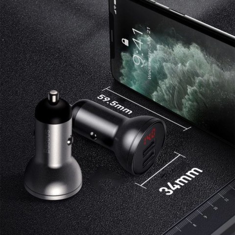 Baseus ładowarka samochodowa 2x USB 4,8A 24W z LCD + kabel 3w1 USB - USB Typ C / micro USB / Lightning 1,2m czarny (TZCCBX-0G) Baseus