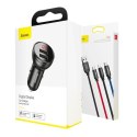 Baseus ładowarka samochodowa 2x USB 4,8A 24W z LCD + kabel 3w1 USB - USB Typ C / micro USB / Lightning 1,2m czarny (TZCCBX-0G) Baseus