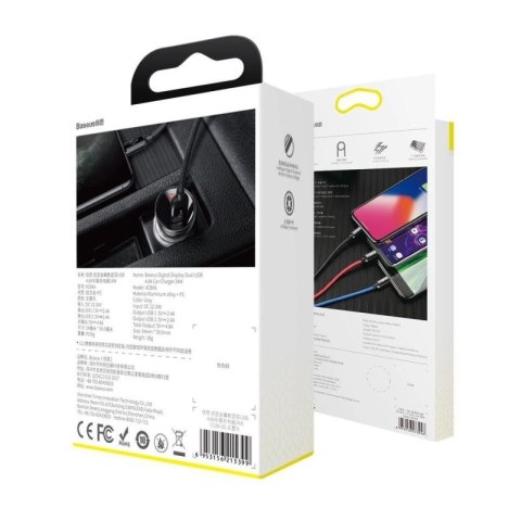 Baseus ładowarka samochodowa 2x USB 4,8A 24W z LCD + kabel 3w1 USB - USB Typ C / micro USB / Lightning 1,2m czarny (TZCCBX-0G) Baseus