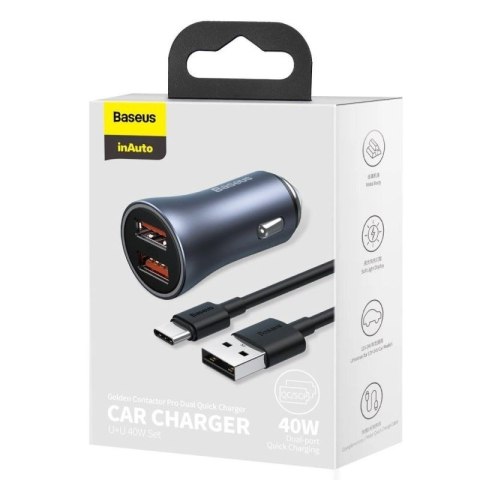 Baseus Golden Contactor Pro szybka ładowarka samochodowa 2x USB 40 W Quick Charge SCP FCP AFC + kabel USB - USB Typ C szary (TZC Baseus