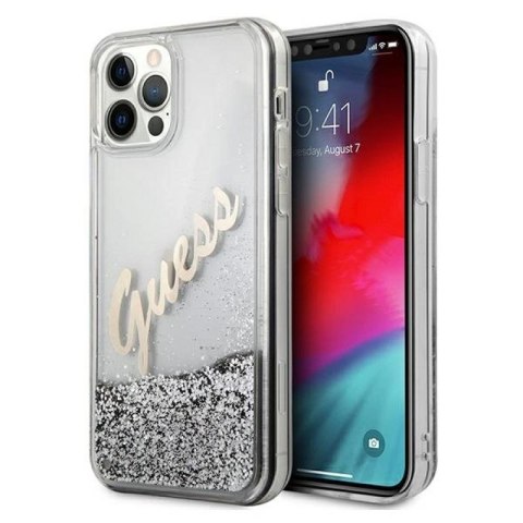 Etui Guess Glitter Vintage Script na iPhone 12 Pro Max - srebrne Guess