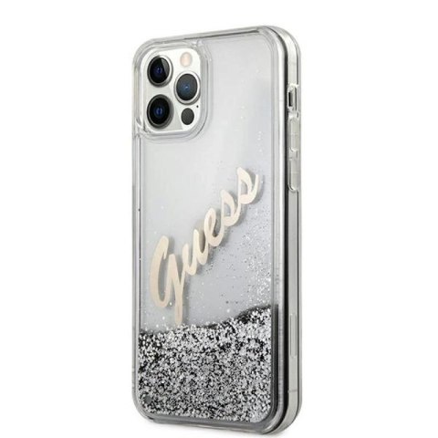 Etui Guess Glitter Vintage Script na iPhone 12 Pro Max - srebrne Guess