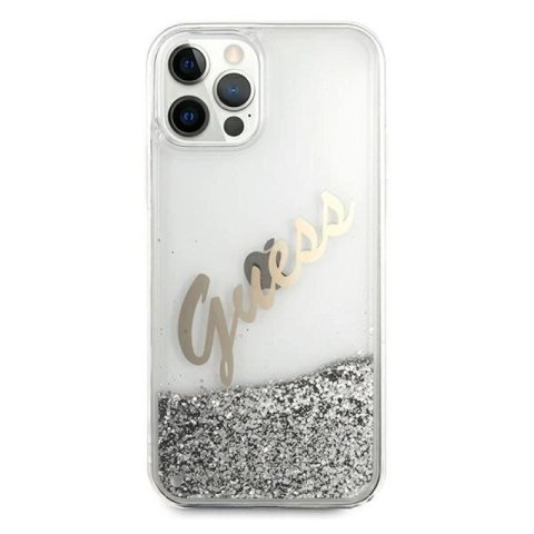 Etui Guess Glitter Vintage Script na iPhone 12 Pro Max - srebrne Guess