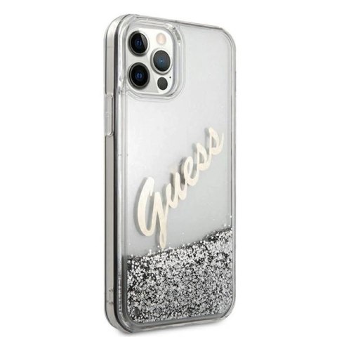 Etui Guess Glitter Vintage Script na iPhone 12 Pro Max - srebrne Guess