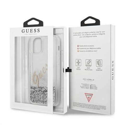 Etui Guess Glitter Vintage Script na iPhone 12 Pro Max - srebrne Guess