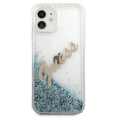 Etui Guess Glitter Vintage Script na iPhone 12 mini - niebieskie Guess