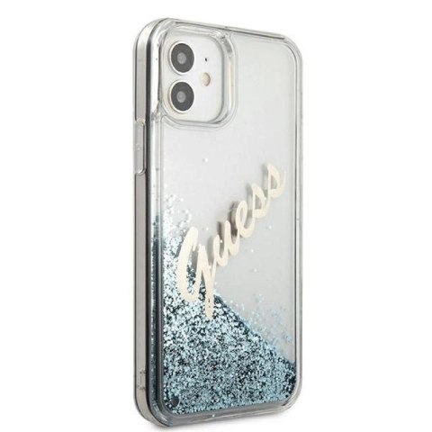 Etui Guess Glitter Vintage Script na iPhone 12 mini - niebieskie Guess