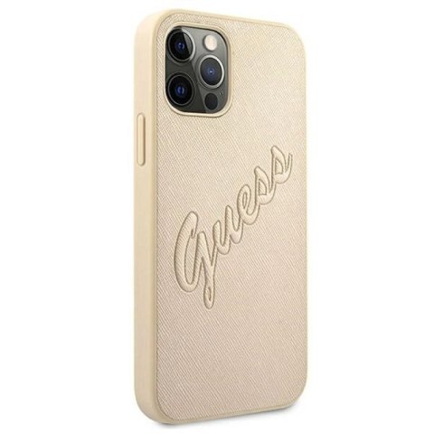Etui Guess Saffiano Vintage Script na iPhone 12 Pro Max - złote Guess