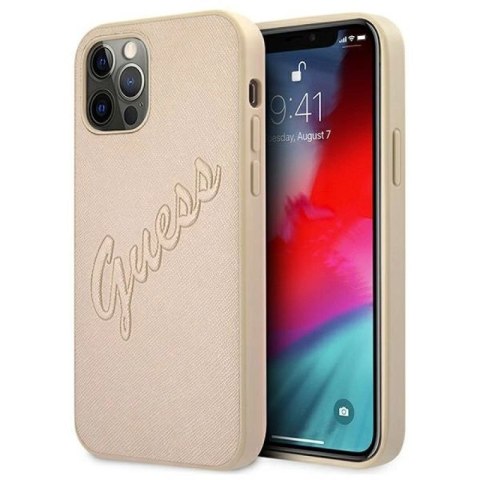 Etui Guess Saffiano Vintage Script na iPhone 12 / iPhone 12 Pro - złote Guess