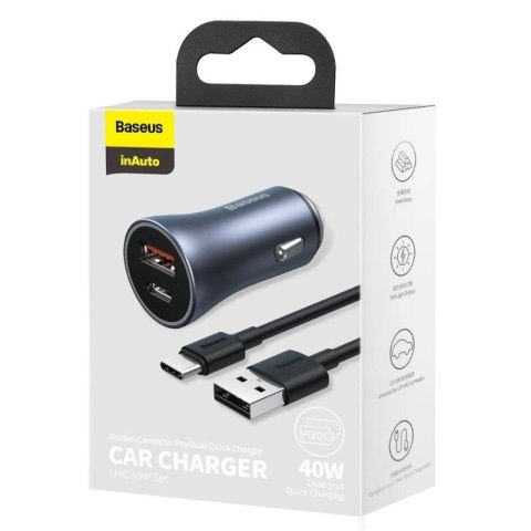 Ładowarka Baseus Golden Contactor Pro do samochodu USB-C / USB-A 40W PD QC 4+ SCP FCP AFC + kabel - szara Baseus