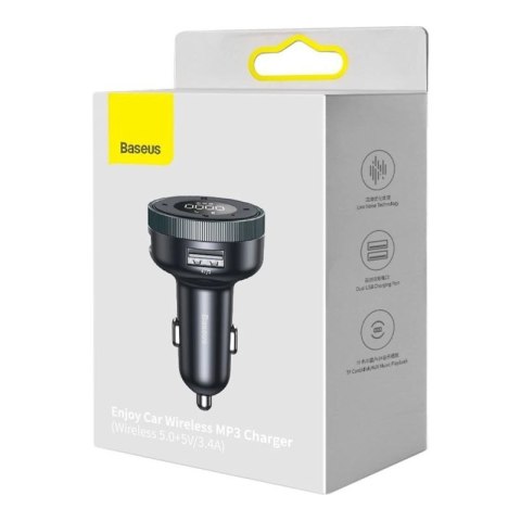 Baseus Enjoy transmiter FM ładowarka samochodowa LED 2x USB / 3,5mm jack bezprzewodowy odtwarzacz MP3 Bluetooth 5.0 3.4A czarny  Baseus