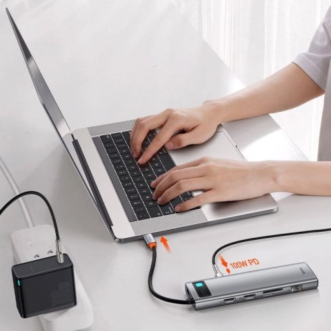 Baseus Metal Gleam 11w1 wielofunkcyjny HUB USB Typ C - 3x USB 3.2 Gen 1 5Gbps / USB Typ C PD 100W / 3,5 mm mini jack AUX / VGA F Baseus