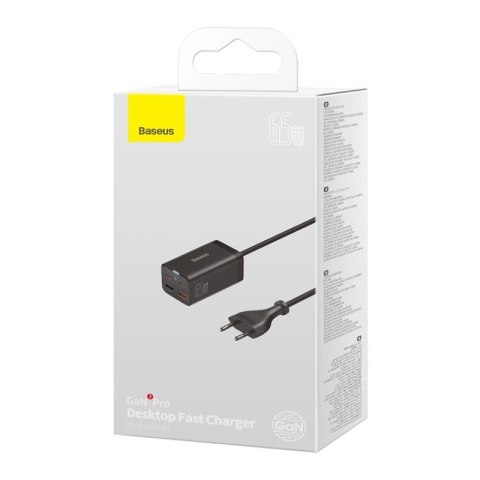Baseus GaN3 Pro szybka ładowarka sieciowa GaN 2 x USB Typ C / 2 x USB 65W PD, QC4.0+, AFC, PPS + kabel USB Typ C - USB Typ C 1m  Baseus